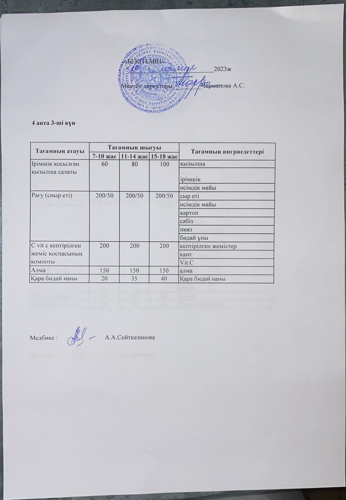 Күнделікті ас мәзірі 24.05.2023