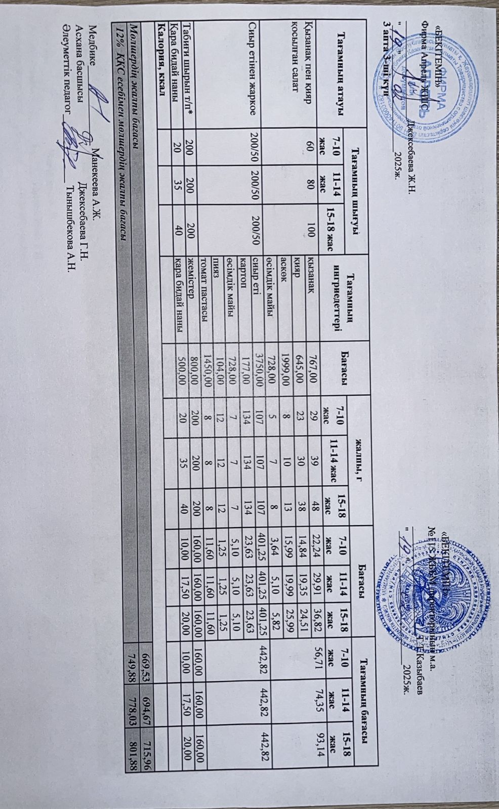 Күнделікті ас мәзірі 19.02.2025 ж.