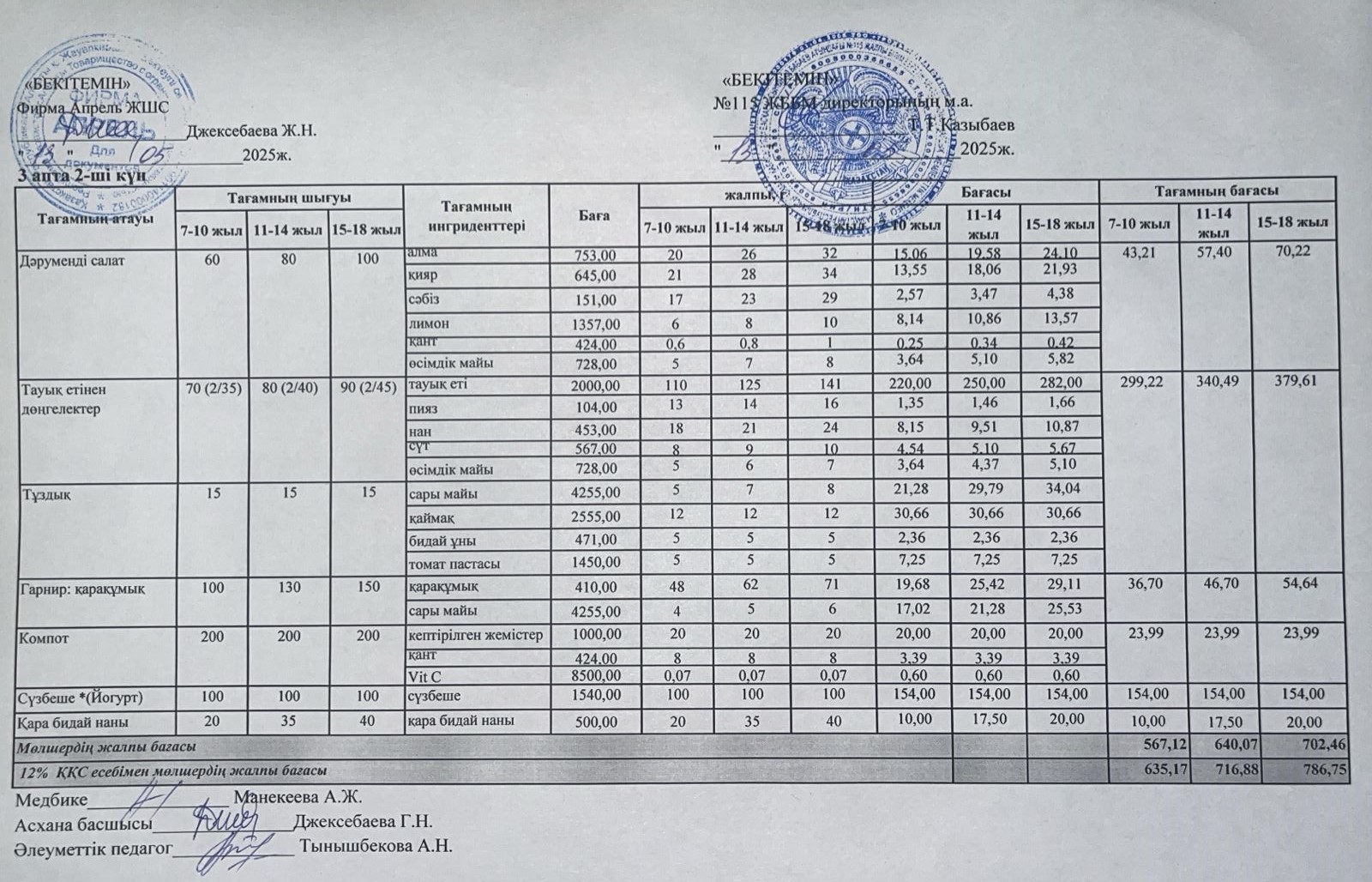 Күнделікті ас мәзірі 13.05.2025ж.