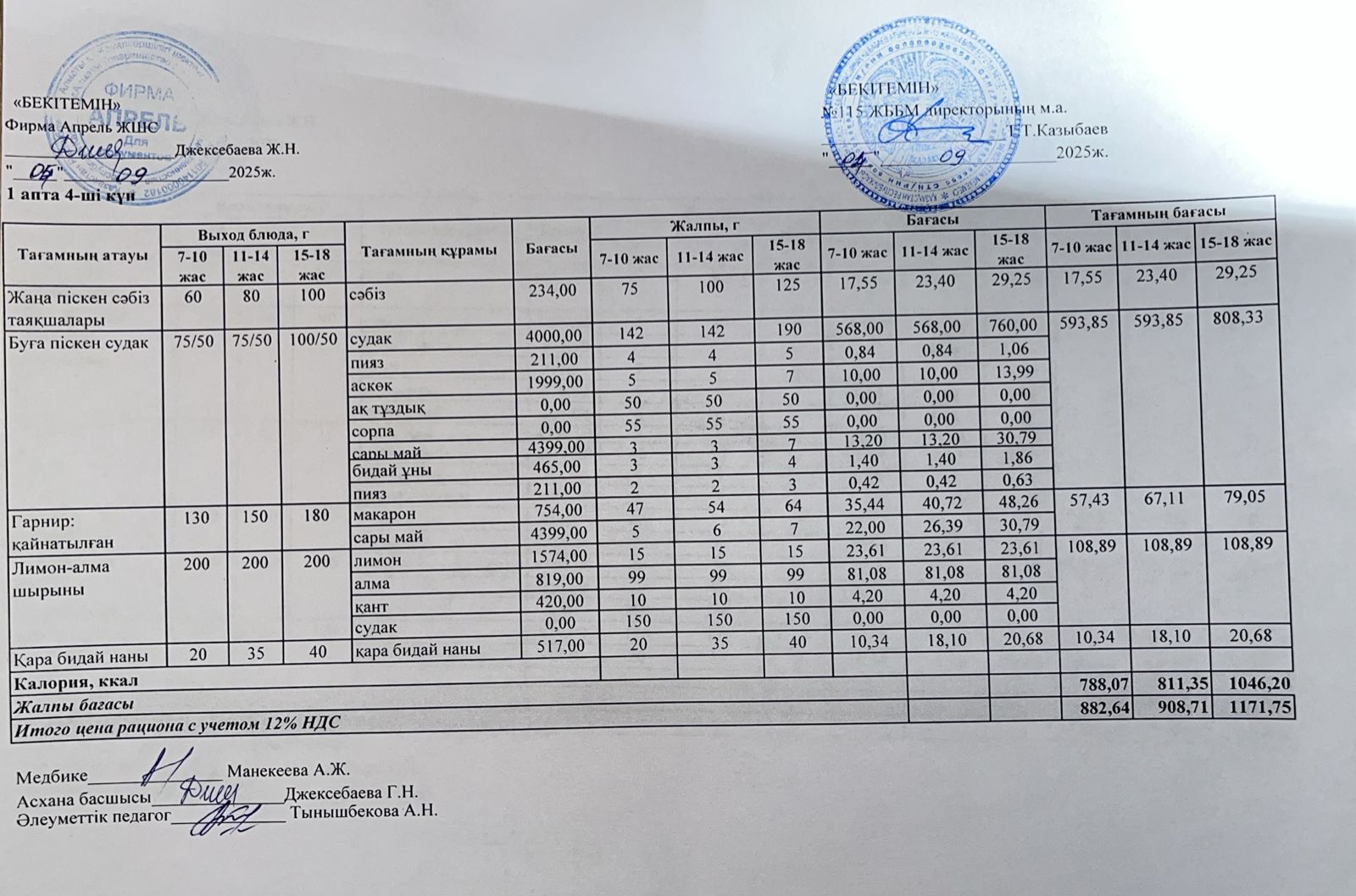 Күнделікті ас мәзірі 04.09.2025 ж.
