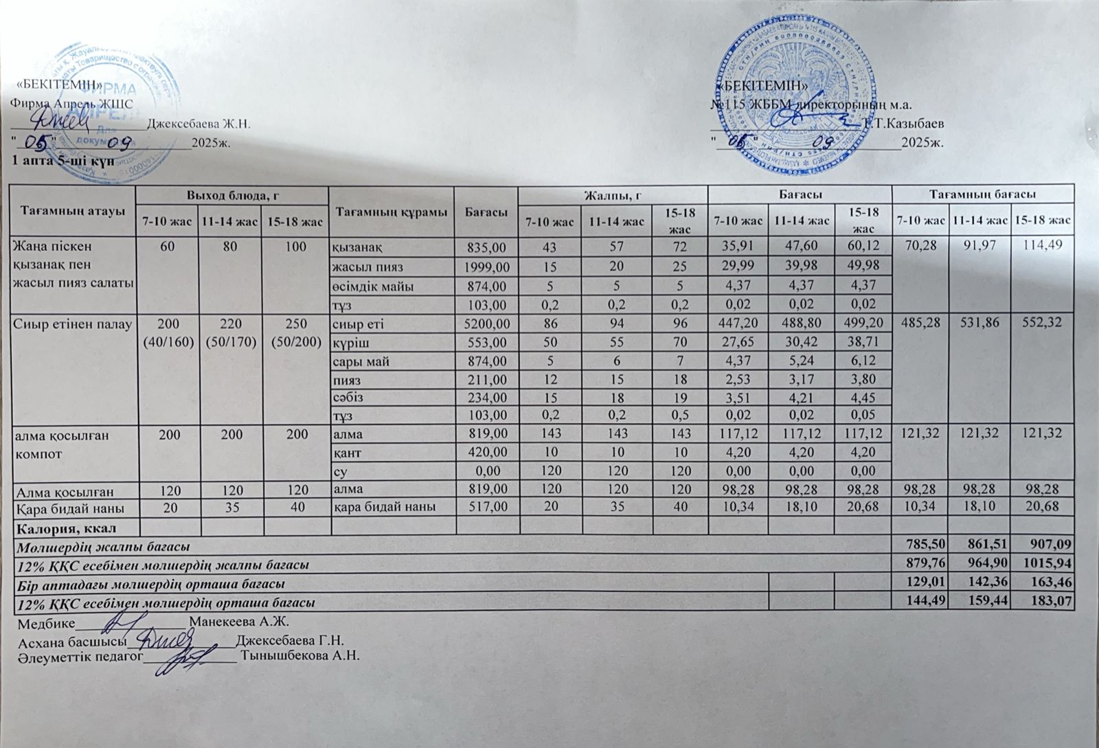 Күнделікті ас мәзірі 05.09.2025 ж.