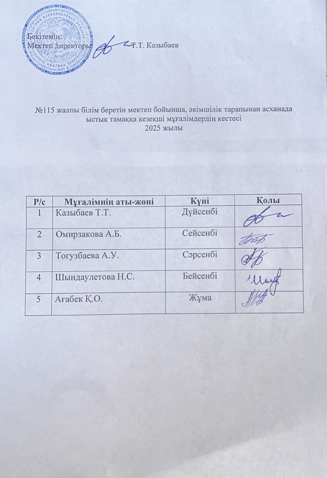 Әкімшіліктің кезекшілік кестесі-2025