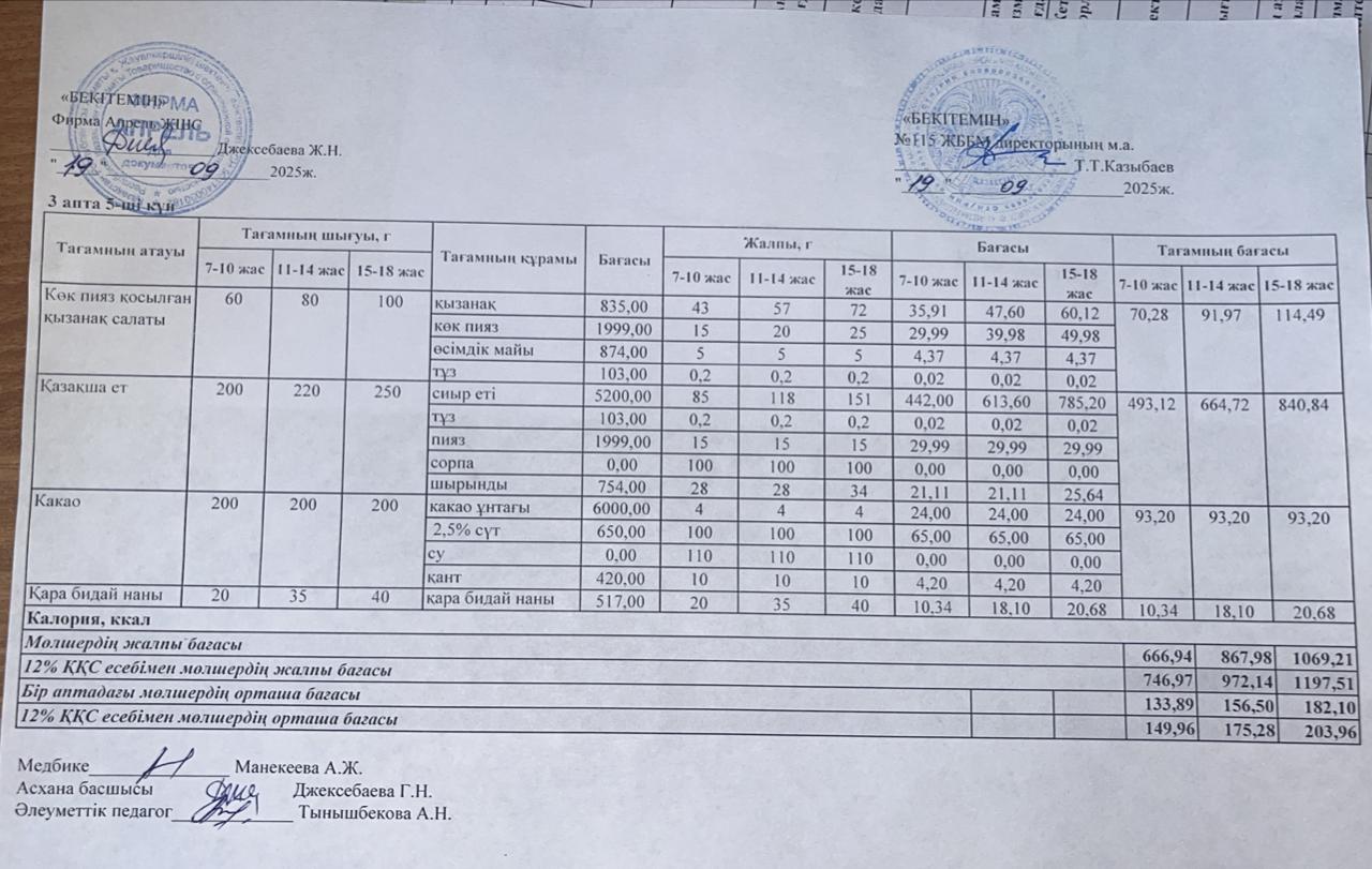 Күнделікті ас мәзірі 19.09.2025ж.
