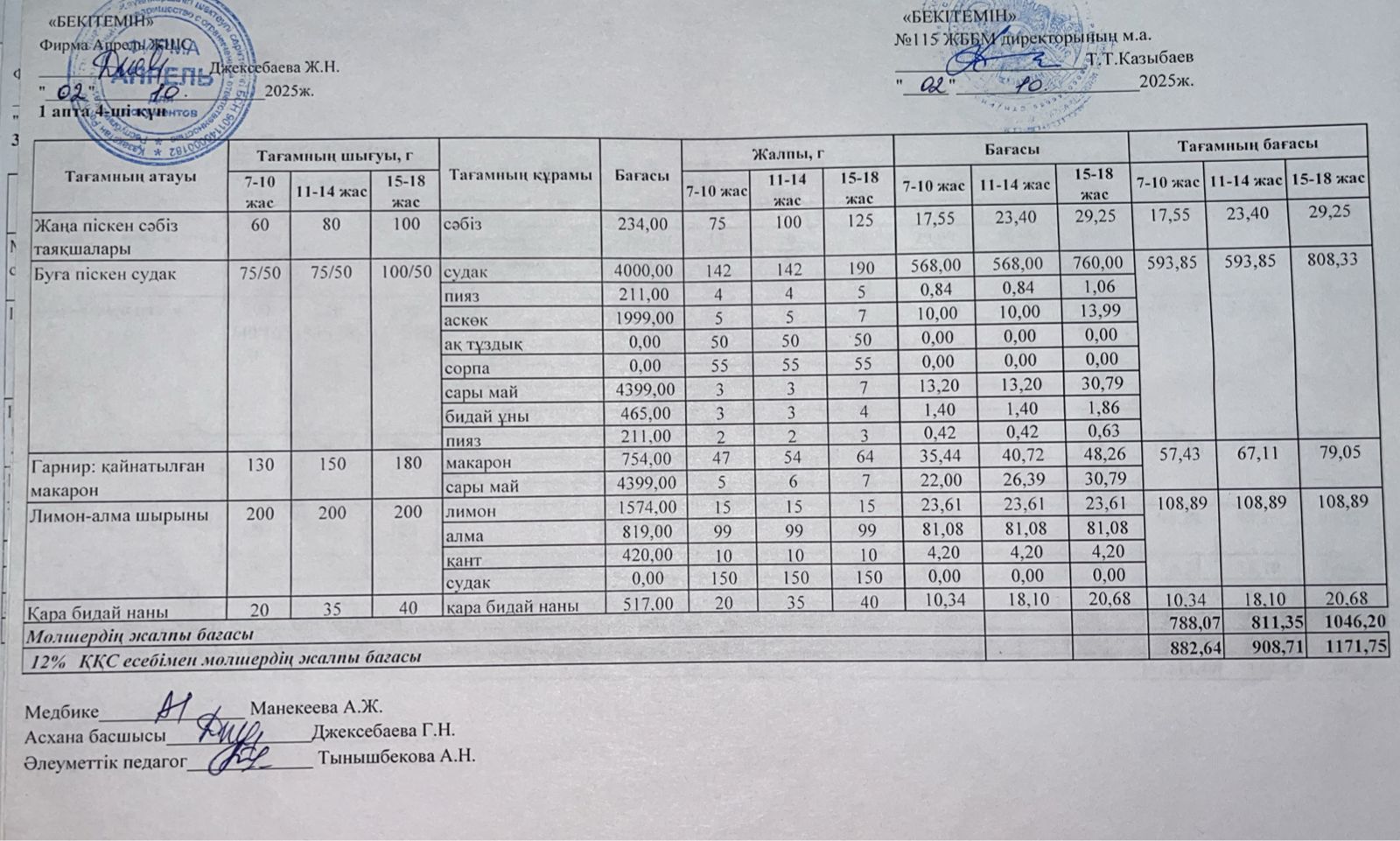 Күнделікті ас мәзірі 02.10.2025ж.