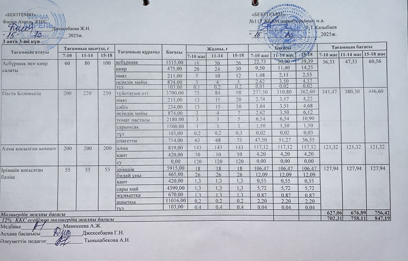 Күнделікті ас мәзірі 15.10.2025ж.