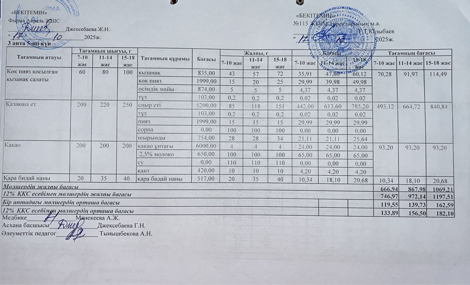 Күнделікті ас мәзірі 17.10.2025ж.