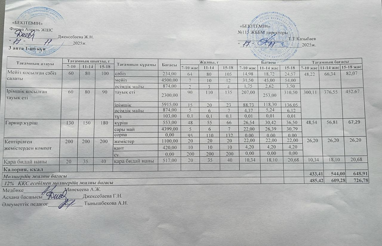 Күнделікті ас мәзірі 17.11.2025ж.