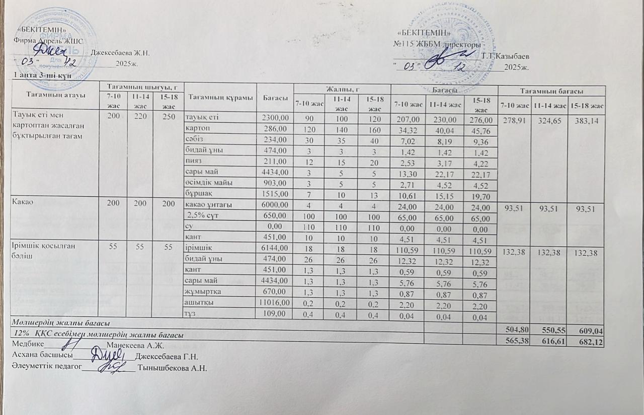 Күнделікті ас мәзірі 03.12.2025ж.