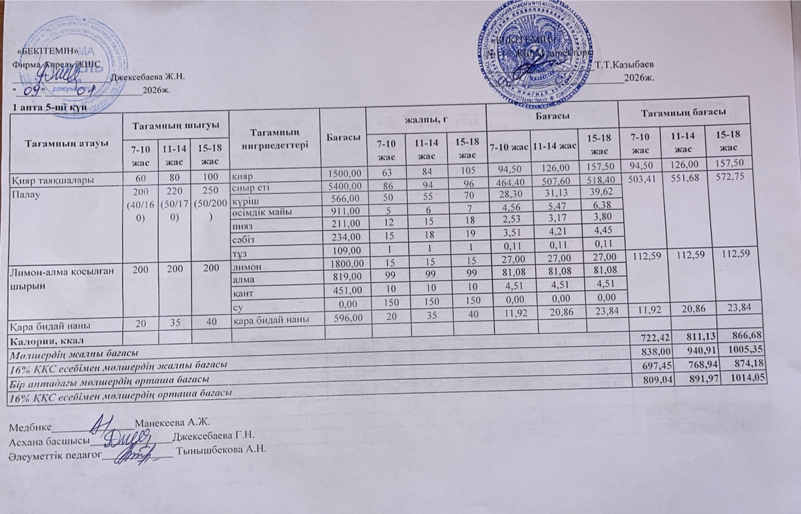 Күнделікті ас мәзірі 09.01.2026 ж.