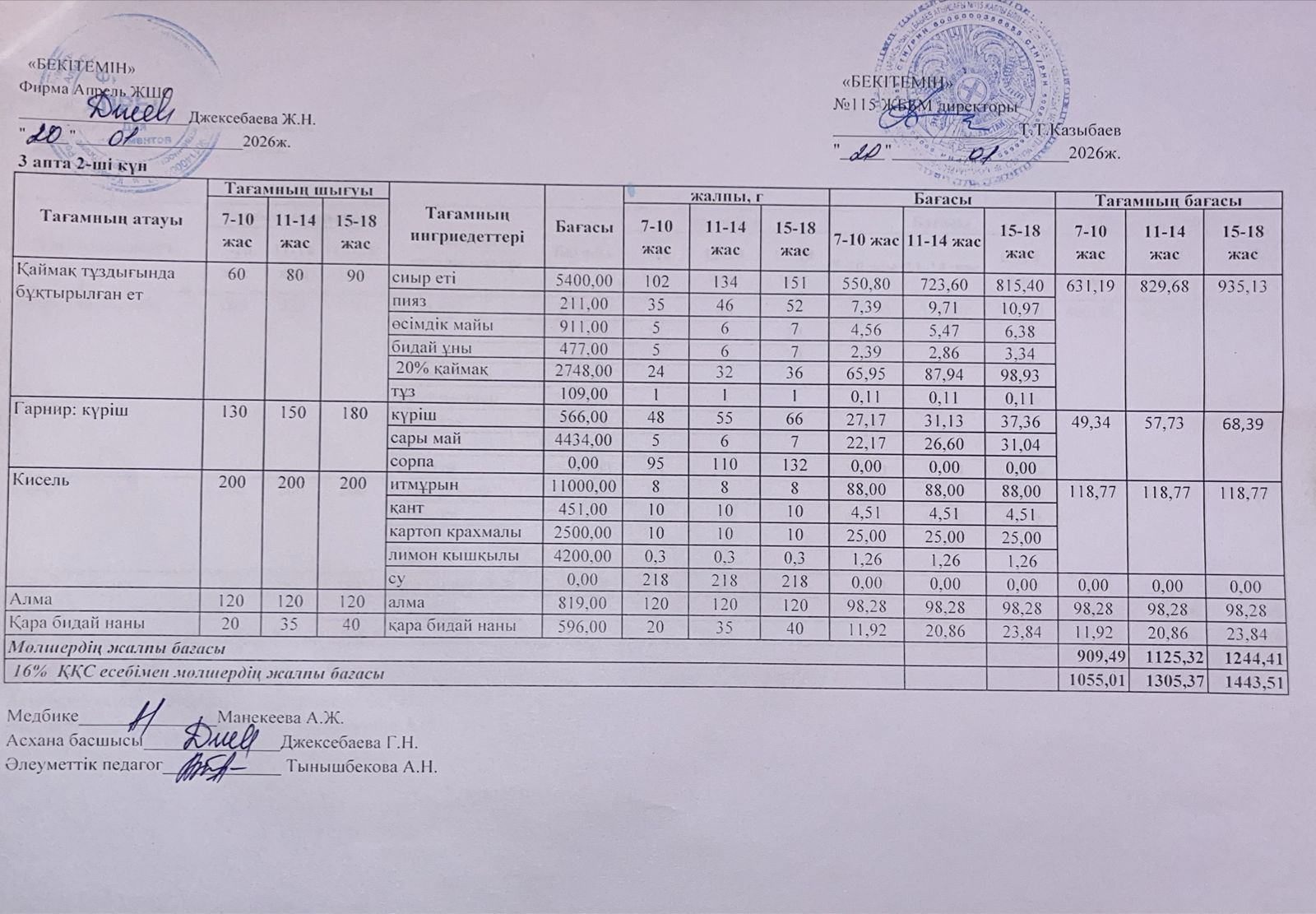 Күнделікті ас мәзірі 20.01.2026ж.