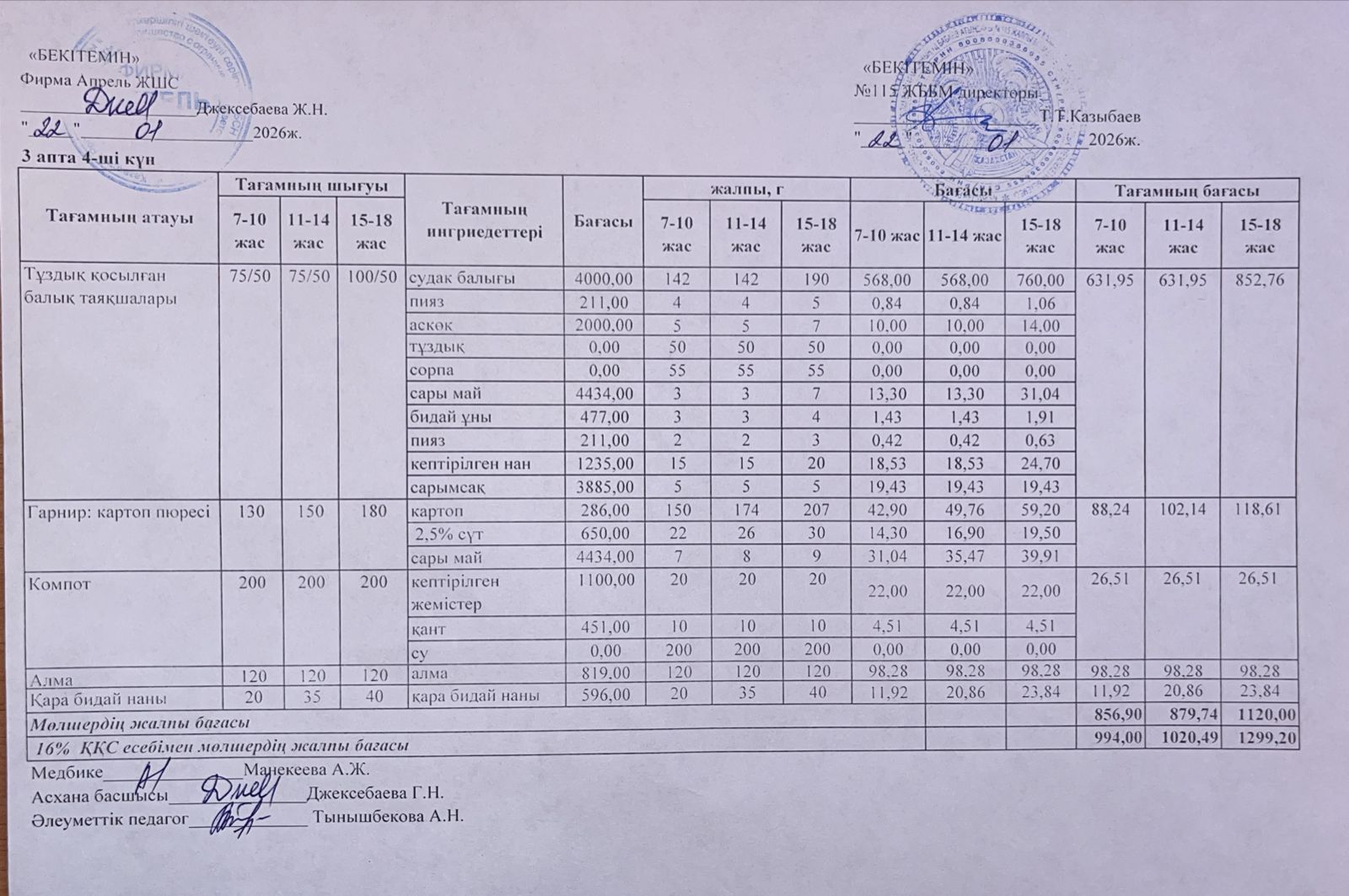 Күнделікті ас мәзірі 22.01.2026ж.