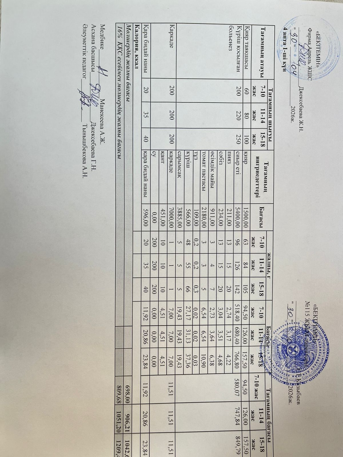 Күнделікті ас мәзірі 30.03.2026ж.