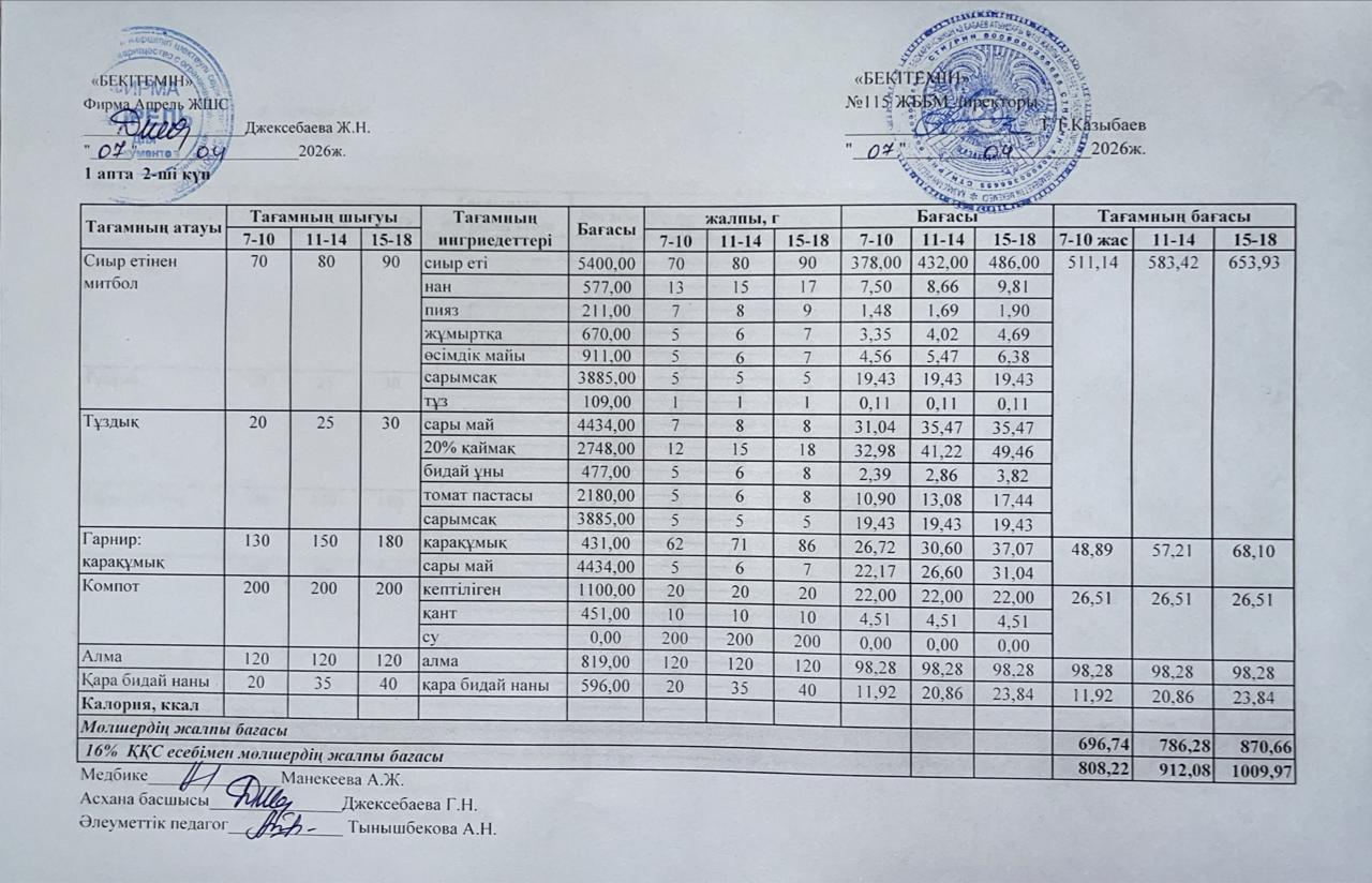 Күнделікті ас мәзірі 07.04.2026ж.